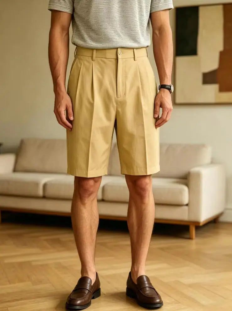 Men's Shorts Casual Pleated Dress Elastic Waist Multi Pockets Classic-Fit Golf Shorts for Men Cotton Summer Formal Shorts Sports
