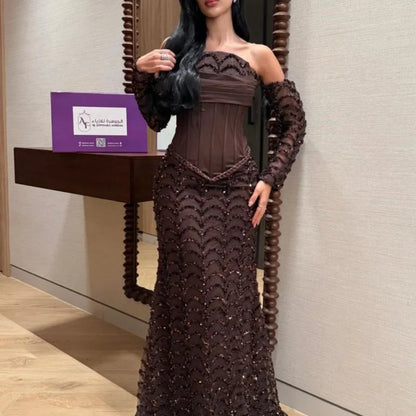Customized Dark Brown Strapless Prom Dress Detachable Lace Long Sleeve Sequin Mermaid Corset robes de soirée Elegant 2025