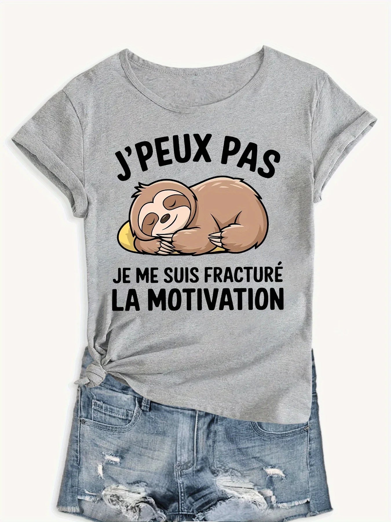 Sloth T-Shirt French Motivational Sloth Graphic T-Shirt| Humorous "Motivation Through Fracture" Slogan Harajuku Sleeve Casual