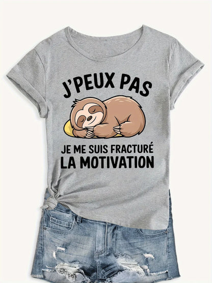Sloth T-Shirt French Motivational Sloth Graphic T-Shirt| Humorous "Motivation Through Fracture" Slogan Harajuku Sleeve Casual