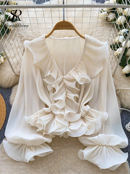 Ruffles Pleated Romantic Tops Thin Spring Summer V Neck French Elegant Blouse Fairycore Flowy Office Lady Luxury Shirt