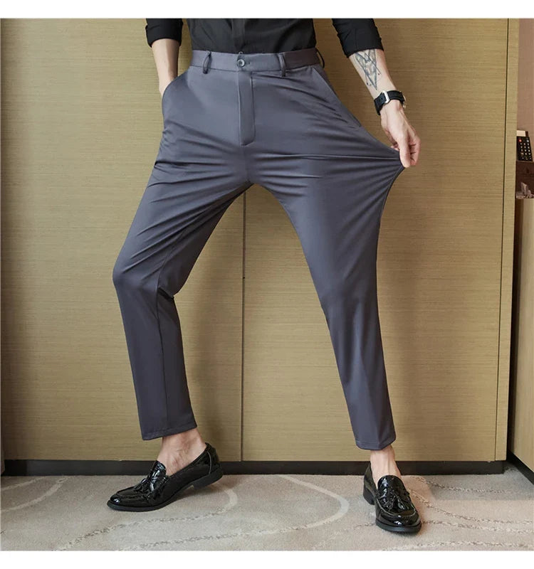 Mens Dress Pants Trousers 2025 Summer New Thin Breathable Solid Casual High Elastic Slim Fit Suit Pants Streetwear Men Clothing