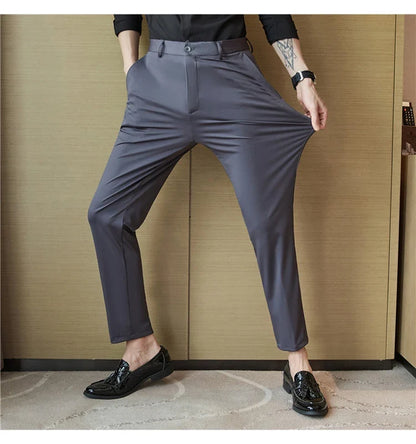 Mens Dress Pants Trousers 2025 Summer New Thin Breathable Solid Casual High Elastic Slim Fit Suit Pants Streetwear Men Clothing