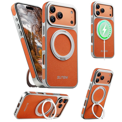 Faux Leather Magnet Wireless Charging Phone Case 360° Rotating Stand Ring Buckle Frosted Feel For iPhone 17 Pro Max 16 15