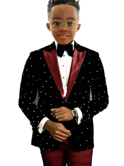 Boys Luxury Beaded Suits 2 Pieces Jacket Pants Wedding Ring Bearer Outfit Formal Handsome Kids Suit Set Host Costumes 2-20T