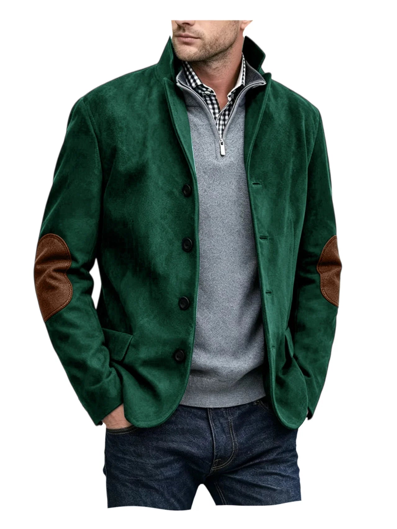Vintage Men's Suede Blazer Notch Lapel Elbow Patches Slim Fit Jacket Business Casual Men Fashion Outerwear for Spring Autumn