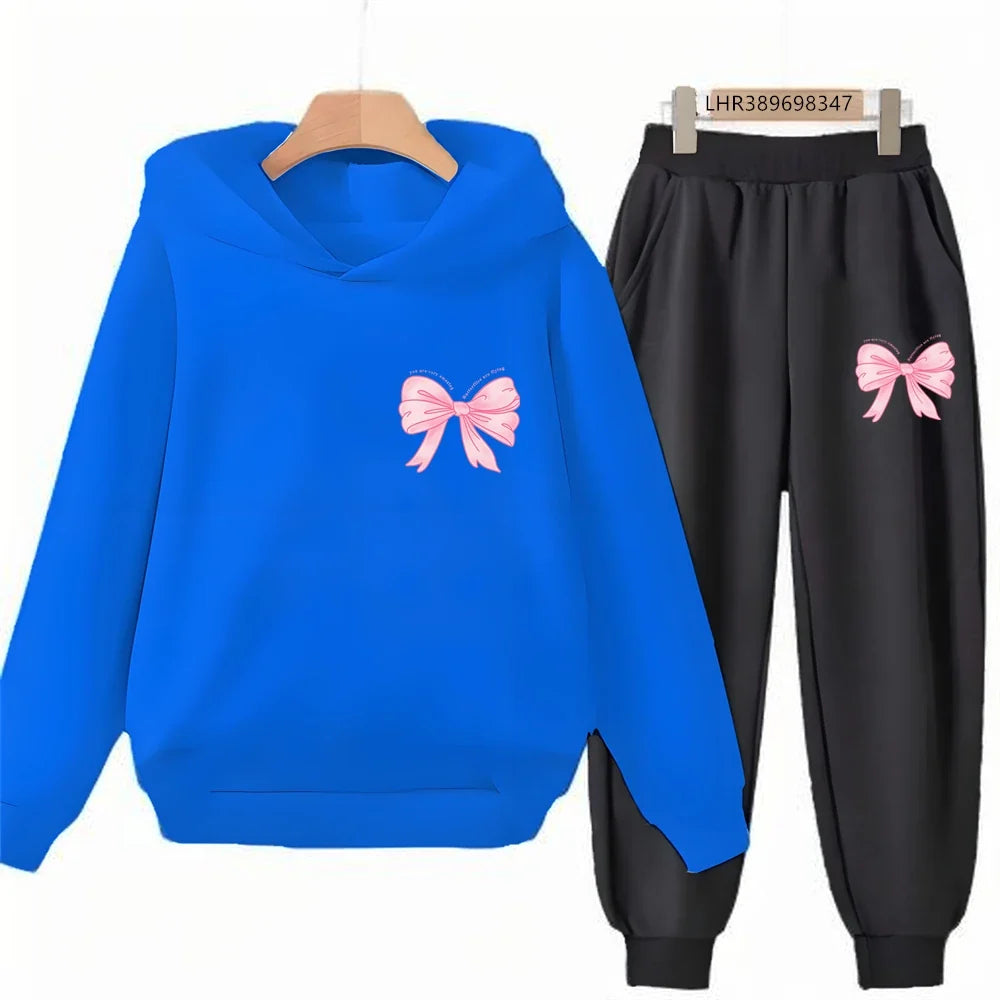 Fashion Kids Clothes Bow Print Children Hoodie 3-12 Years Boys Girls Red Pink Casual Tops+Pants Sets Long Sleeves Autumn