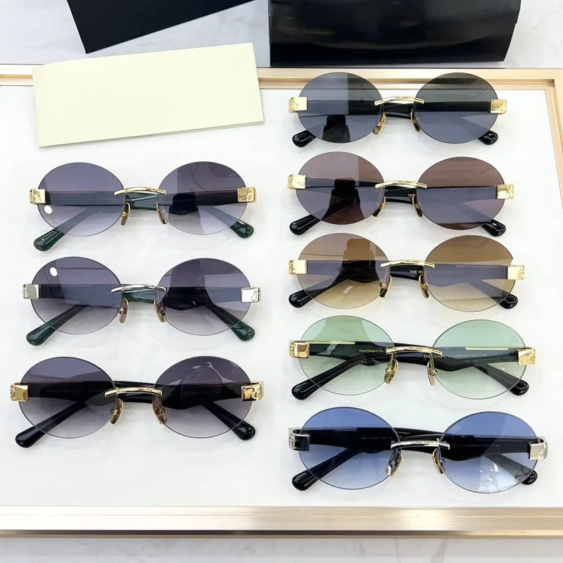 High Street Rimlesss Sunglasses Oval Alloy Acetate High Quality for Men Women Classical Vintage UV400 with Case