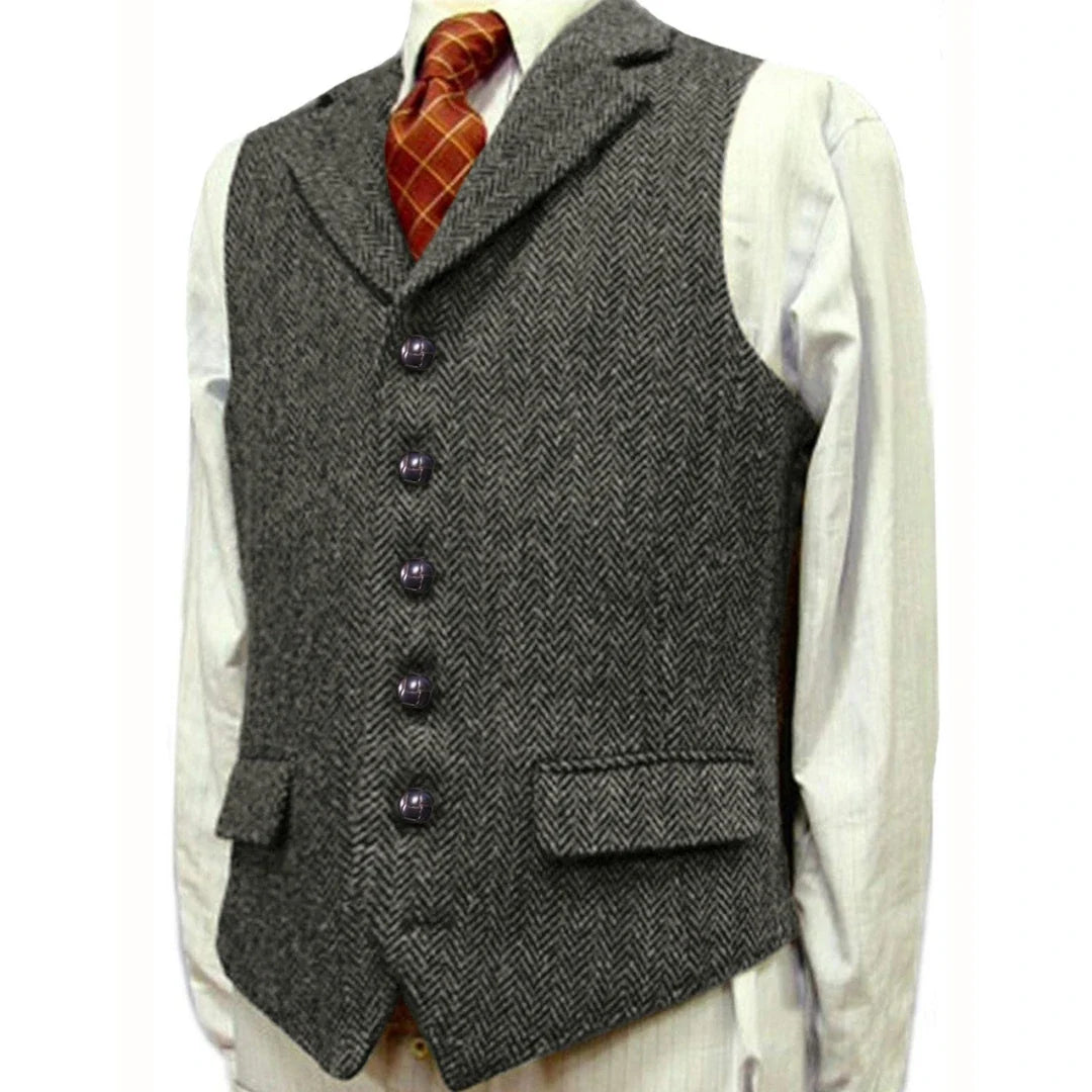 Men Vest Brown With Lapel Boutique Herringbone Single Button Fit Waistcoat Casual Formal Business Wedding Daily Men Suit Vest