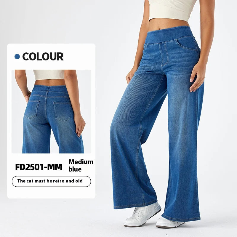 Women's New Large Size Denim Wide-Legged Trousers American High-Waisted Thin Straight Loose Casual Trousers Casual Jeans