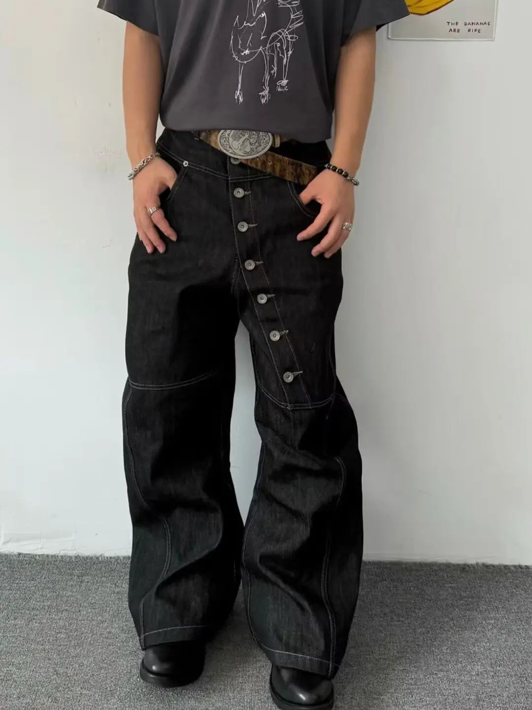 American Retro Long Row Button Design Men's Jeans High Street Loose Wide Leg Floor-Length Trousers Trendy Casual Jeans