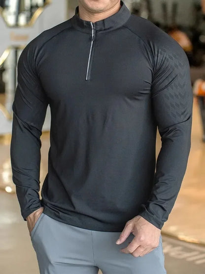 New Autumn Winter Running Gym Men Shirt Long Sleeve Tees Elastic Fit Sports Training Fitness Quick Dry Zip Collar Polo T Shirt
