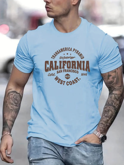 Men's 100% cotton casual sports loose fit California West Coast print round neck short sleeved T-shirt top