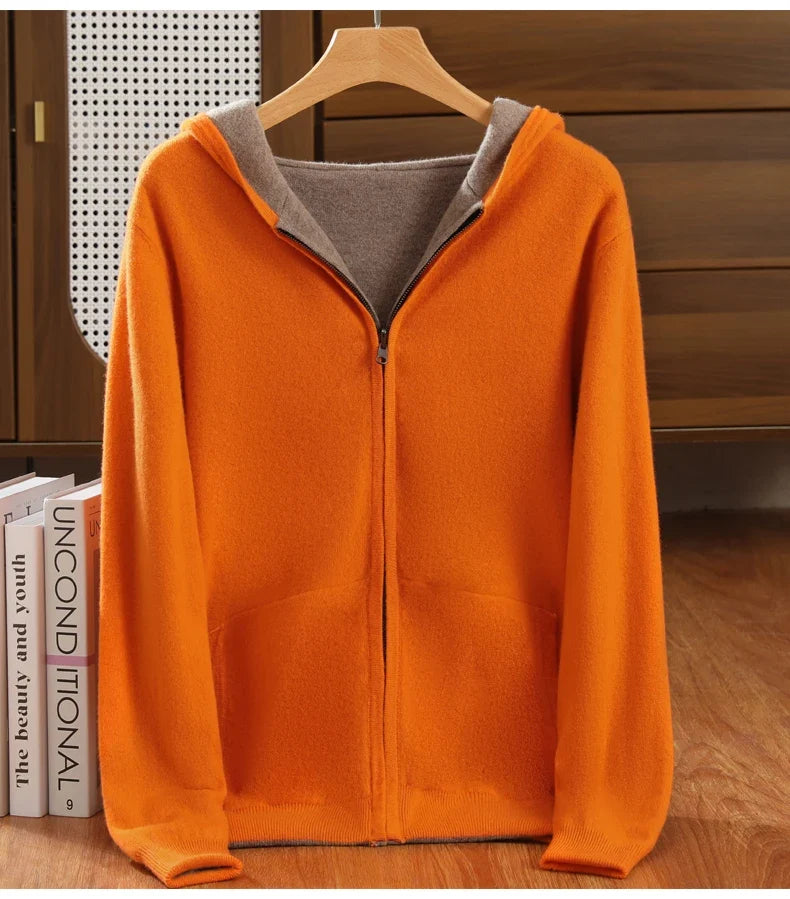 Double-Sided Hooded Zippered Men's Cashmere Cardigan Autumn and Winter Contrasting Color Thickened Loose Casual Knitted Sweater