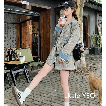 Women's Blazer Jacket 2025 Spring Autumn Fashion Graffiti Printed Ladies Lattice Suit Coat Casual Korean Version Lady Outerwear