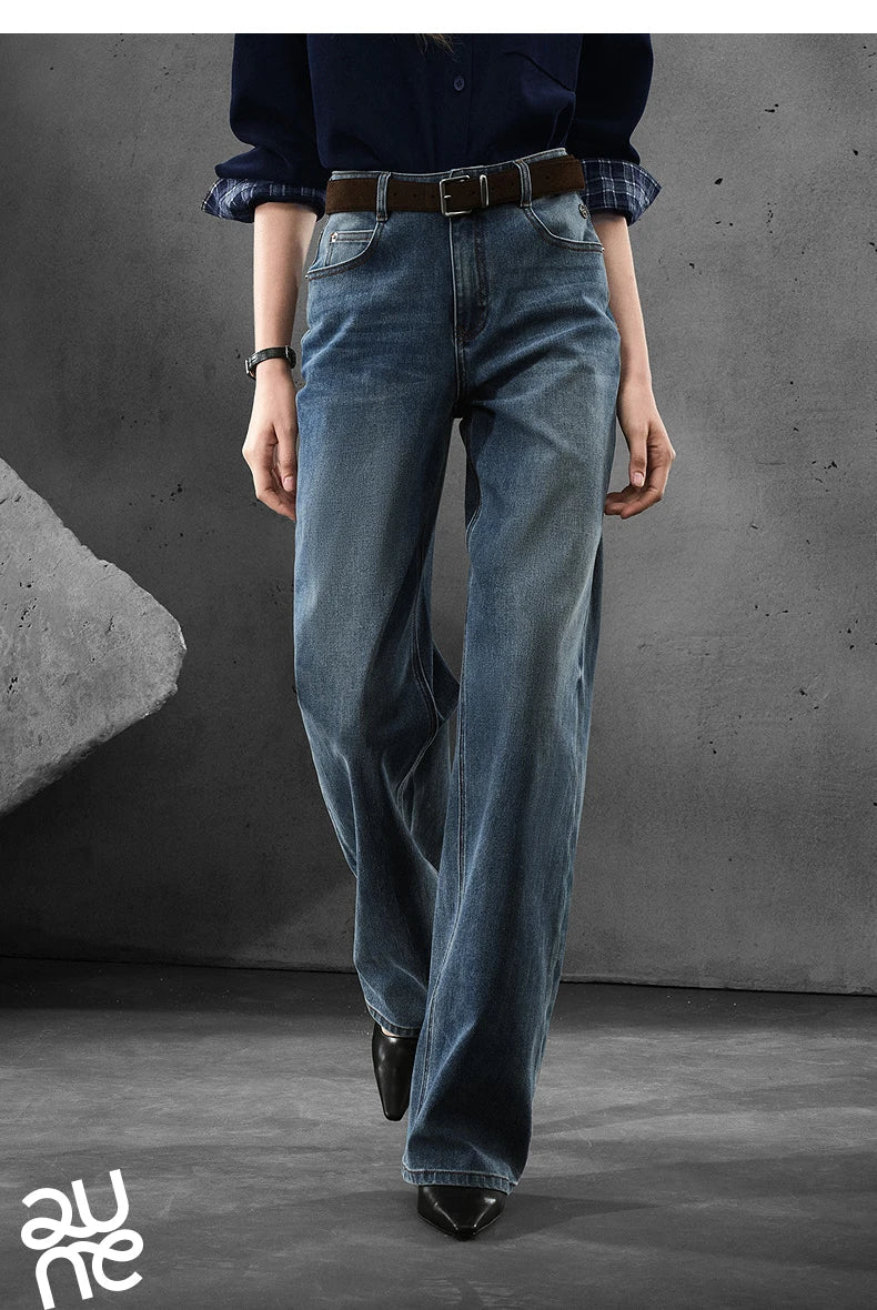 Women Denim Jeans 2025 Autumn New Lycra Stretch Straight Wide Leg Long pants