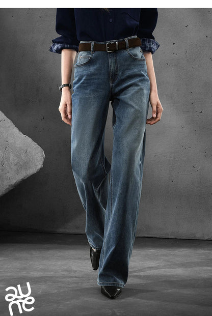 Women Denim Jeans 2025 Autumn New Lycra Stretch Straight Wide Leg Long pants