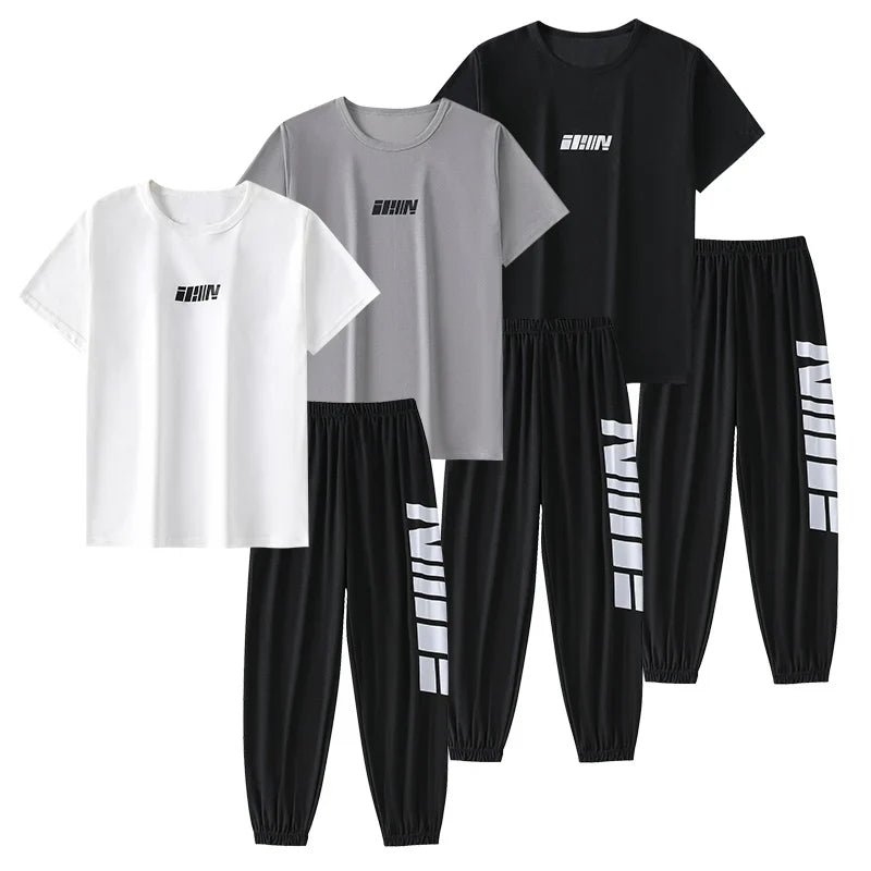 2-pcs Summer Youth Fashion Letter Set 13-16 Year Old Boys and Girls Simple and Versatile Letter Short Sleeve T-shirt Black Pants