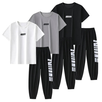 2-pcs Summer Youth Fashion Letter Set 13-16 Year Old Boys and Girls Simple and Versatile Letter Short Sleeve T-shirt Black Pants