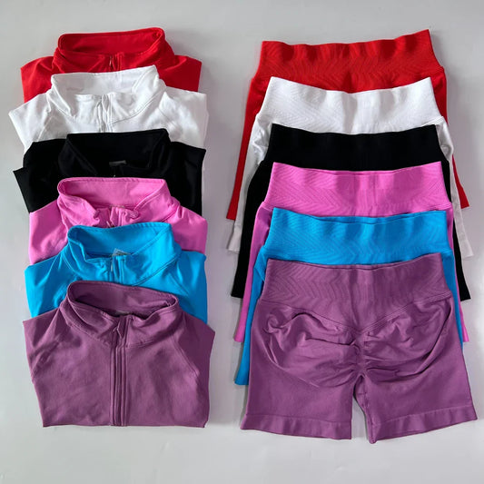 No Logo 2pcs Long Sleeve Yoga Set Women Half Zippy Jacket Longline Sports Top Gym Shorts Fitness Suits Running Coats Workout Set