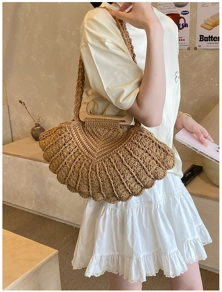 2026 New Retro Fan-shaped Crochet Woven Underarm Bag for Women Ins Style Seaside Vacation Versatile Wooden Handle Shoulder Bag