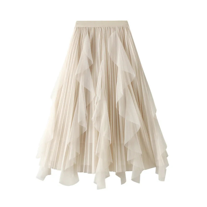 Women's Lotus Leaf Edge A Line Fairy Elastic Waist Tulle Skirt Midi High Waist Mesh Dress Solid Color Irregular Yarn Skirt D8808