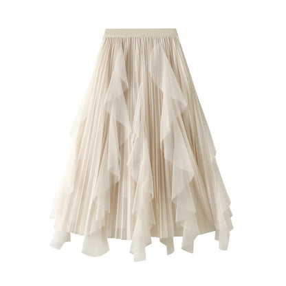 Women's Lotus Leaf Edge A Line Fairy Elastic Waist Tulle Skirt Midi High Waist Mesh Dress Solid Color Irregular Yarn Skirt D8808