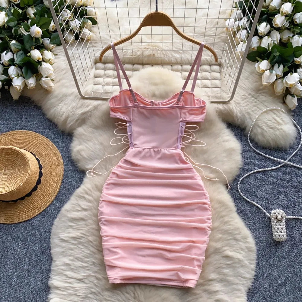 Ins Sexy Hollow Out Sling Dress with Exposed Waist Bandage Pleated Slim Fit Bodyocn Girl's Photo Date Short Dress