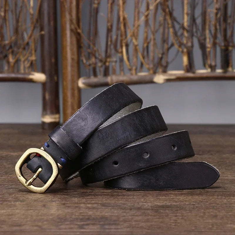 2.3CM Ladies Pure Cowhide Copper Buckle Genuine Leather Casual Jeans Thin Belt Women High Quality Retro Luxury Female Waistband