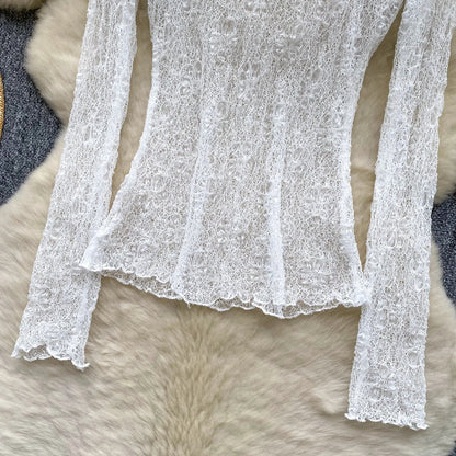 Autumn Streetwear Tops Suits Women O Neck Full Sleeves Thin Sheer Lace Shirts+Sleeveless Outerwear Ruffles Tank Top