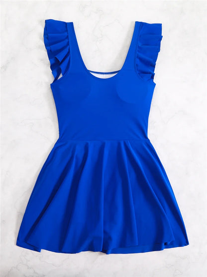 2026 Ruffle Sleeve One Piece U Neck Swimsuit Women Solid Beach Dress Swimwear Female Bathers Swimming Bathing Bodysuit Summer