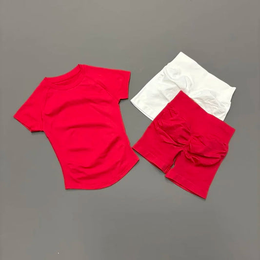 2 Pcs Sports Set Women Seamless Solid Color Short Sleeve Yoga Top Slim Fit Shorts Suit Gym Fitness Running Workout Sports Sets
