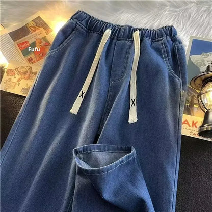 Casual Loose Straight Leg Men's Jeans Drawstring Elastic Waist Wide Leg Long Trousers High Street Fashion Denim Pants