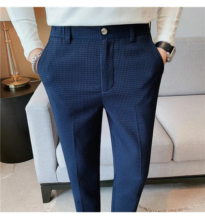 2024 Autumn New Waffle Stretch Waist Business Formal Pants Men Fashion Wedding Slim Trouser Mens Brand Social Party Suit Pants