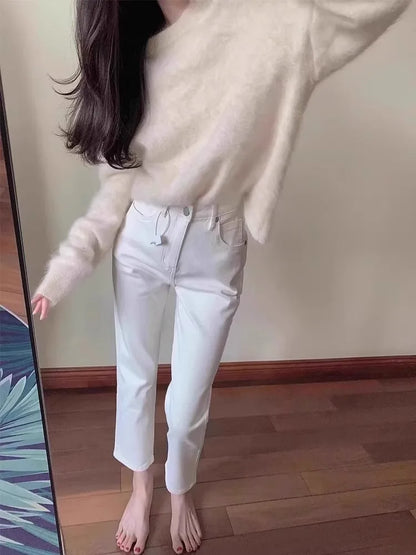 High Waist Slim Fit Straight Leg Denim Jeans Women's Small Stature Elastic White Nine-Tenths 45cm e Tube Summer Jeans