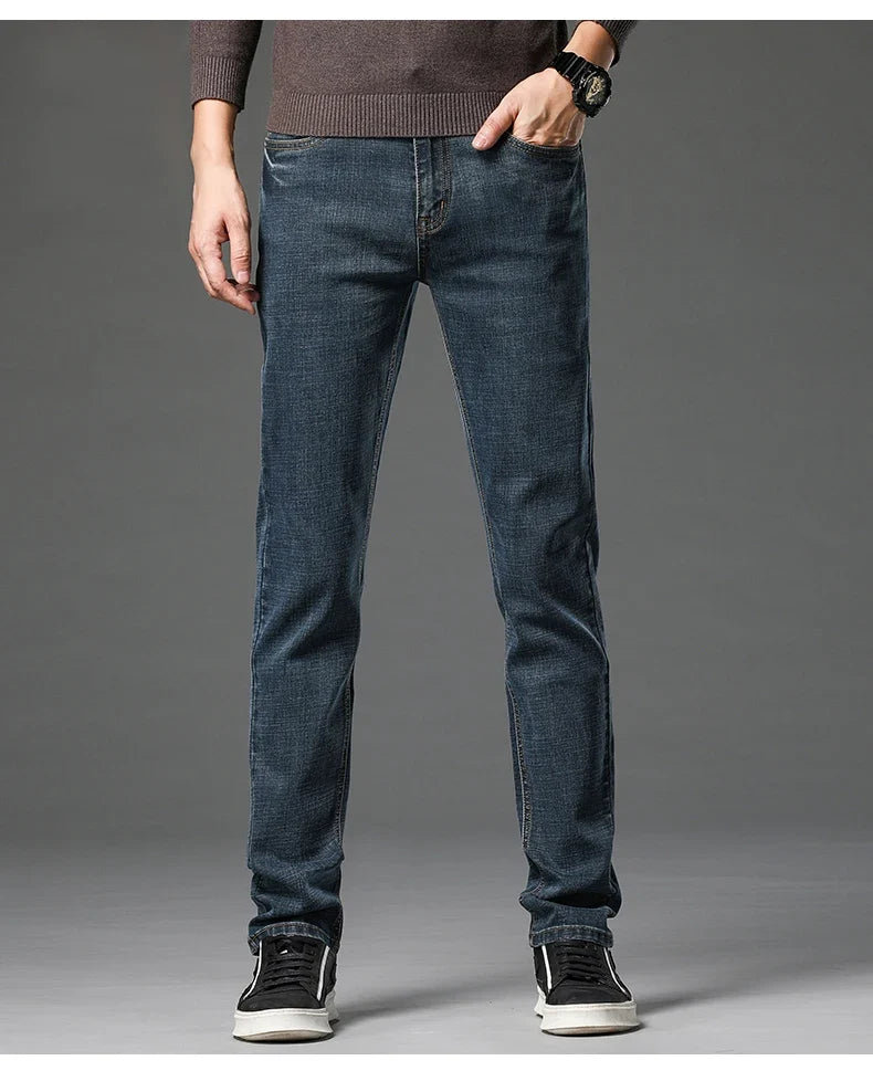 2025 Fall New Men's Cotton Stretch Slim Jeans Straight Version Business Fashion Denim Pants Vintage Blue Brand Trousers Black