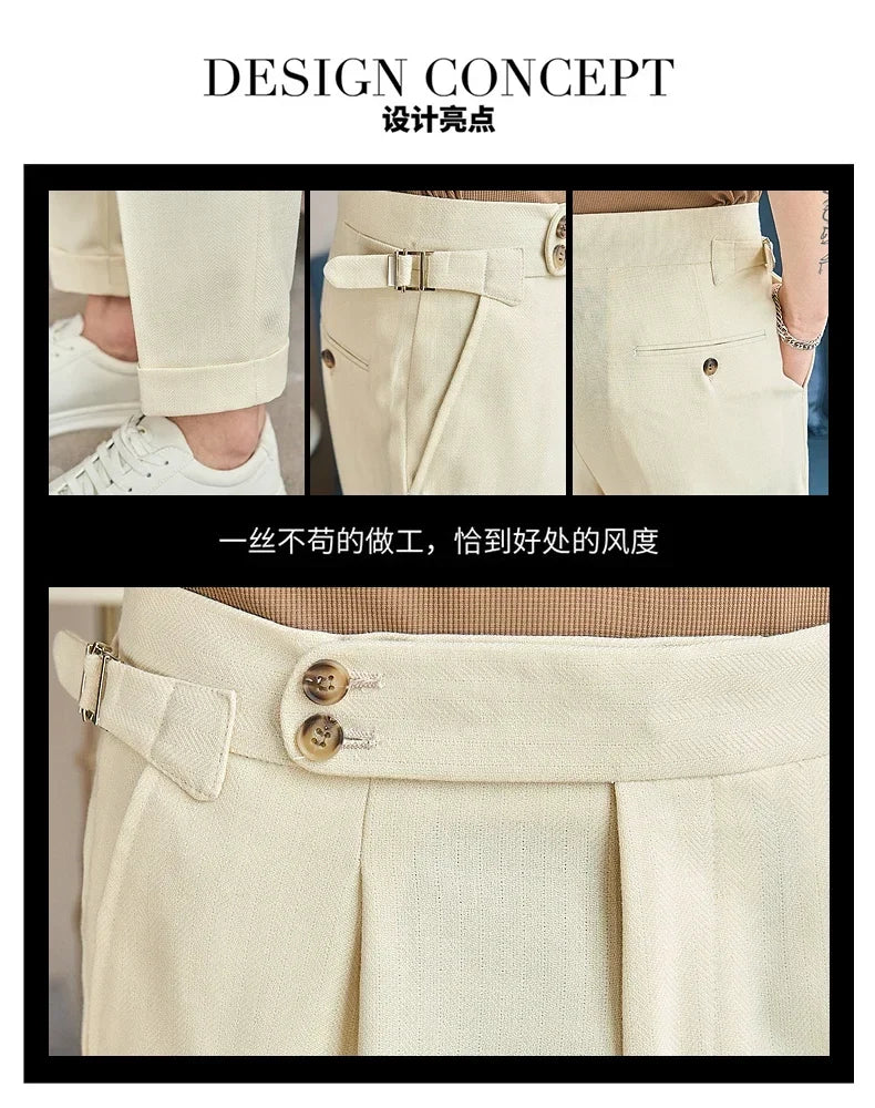 British Style Naples Men's High-end Linen Pants High Waist Straight Slim Fit Casual Trousers High Quality Solid Social Suit Pant