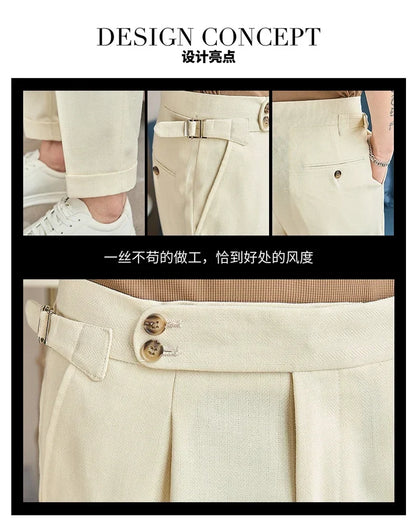 British Style Naples Men's High-end Linen Pants High Waist Straight Slim Fit Casual Trousers High Quality Solid Social Suit Pant