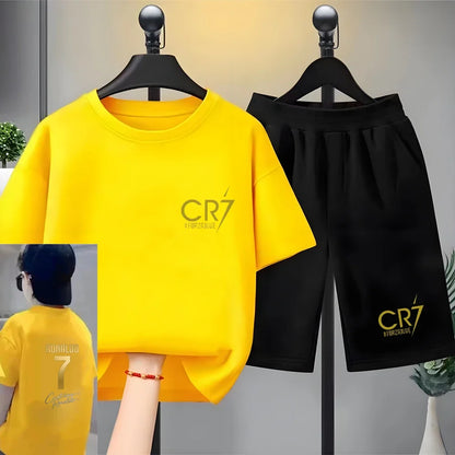 Children Short-sleeved T-shirt+Shorts Football Player Player No. 7 Print Boys Girls Toddler 3-12Yrs Sports Set Summer Clothing