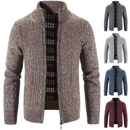 Winter Autumn New Sweater Knit Cable Cardigan Men Business Casual Jacket Zipper Up Solid Color Turn-down Coat Fleece Clothes