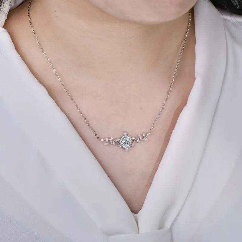 Certificated Moissanite Necklace 14K Gold Filled Sophisticated Floral Leaf Pendant Necklaces for Women Wedding Jewelry