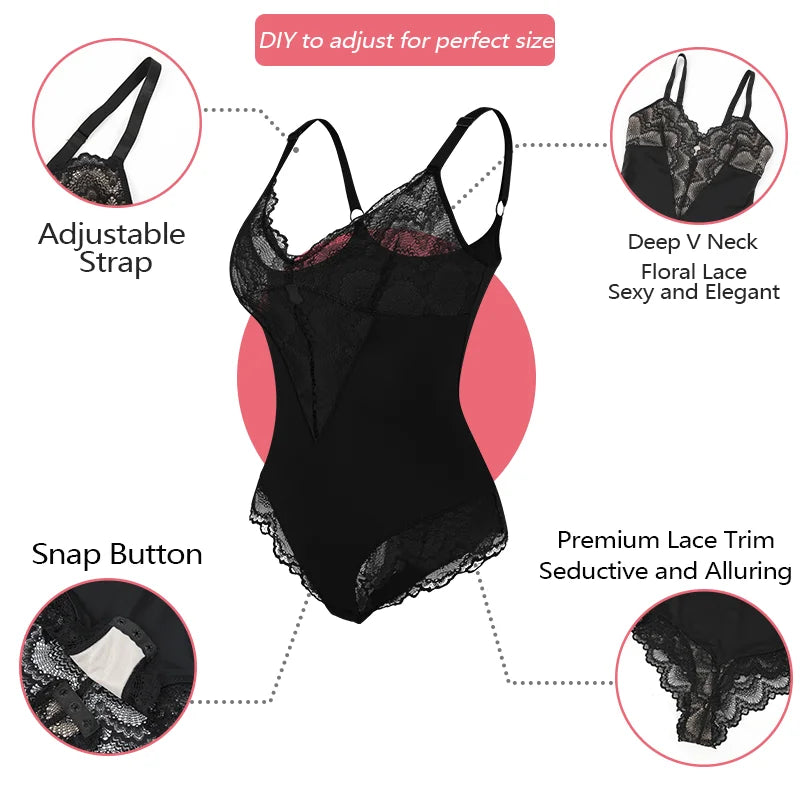 Womens Deep V Neck Bodysuit Sexy Lace Body Shaper Shapewear Slimming Thong Tummy Control Corset Breathable Brief Soft Underwear