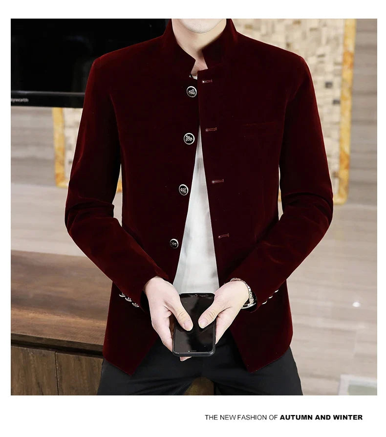 Men's Light Luxury Golden Velvet Coat Youth Fashion Trend Solid Color Stand Collar MAO Suit Handsome Boutique Item