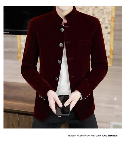 Men's Light Luxury Golden Velvet Coat Youth Fashion Trend Solid Color Stand Collar MAO Suit Handsome Boutique Item