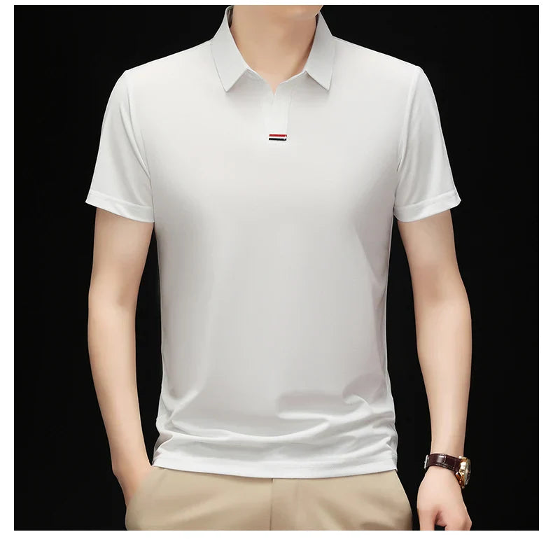 High quality brand solid color V-neck short sleeve polo shirt men summer fashion simple casual ice silk breathable lapel T-shirt