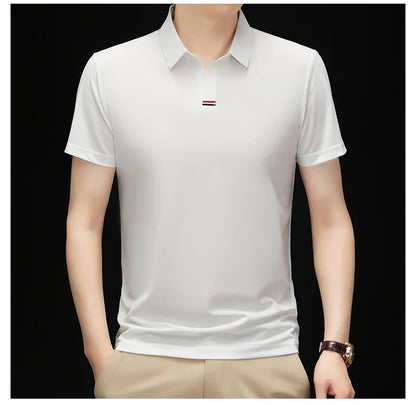 High quality brand solid color V-neck short sleeve polo shirt men summer fashion simple casual ice silk breathable lapel T-shirt