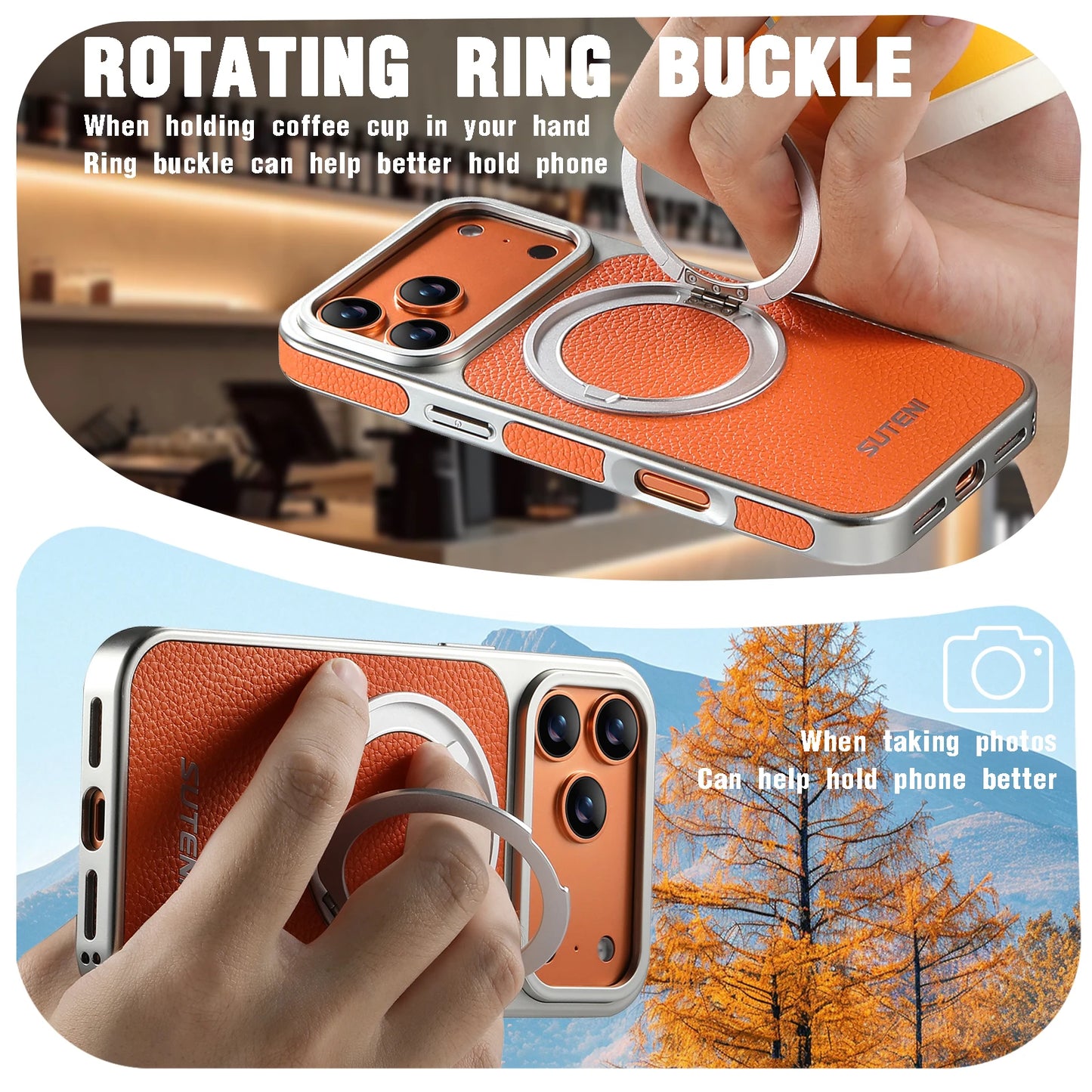 Faux Leather Magnet Wireless Charging Phone Case 360° Rotating Stand Ring Buckle Frosted Feel For iPhone 17 Pro Max 16 15