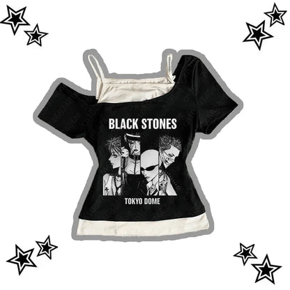 Vintage 90s Punk Gothic Streetwear Women's T-Shirt Emo Y2K Suspenders Top Harajuku Aesthetic Anime Tees Sexy 2000s Clothing