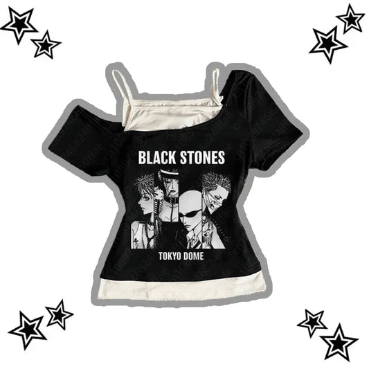 Vintage 90s Punk Gothic Streetwear Women's T-Shirt Emo Y2K Suspenders Top Harajuku Aesthetic Anime Tees Sexy 2000s Clothing