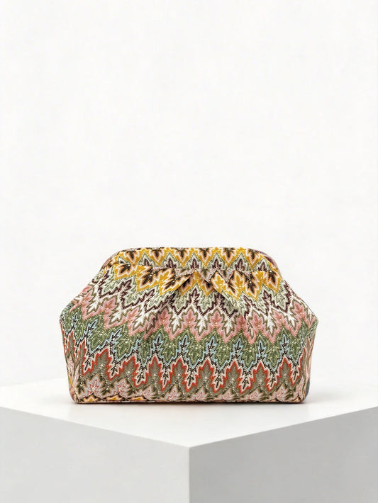 Vintage Ethnic Style Knitted Jacquard Clutch Bag for Women, European and American Bohemian Color-Blocking Pleated Cloud Dumpling Bag, Niche Design Large Capacity Portable Makeup Storage Bag, Suitable for Commuting, Evening Ev